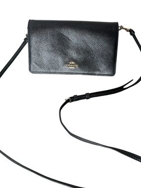 COACH Black Pebbled Leather Anna Fold Over Clutch Crossbody Bag Purse